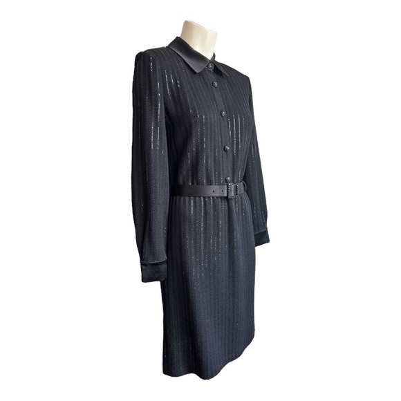 ST JOHN Evening Black Long-Sleeve Belted Shirt Dress • Sparkle Knit • Satin NWT - Picture 6 of 17